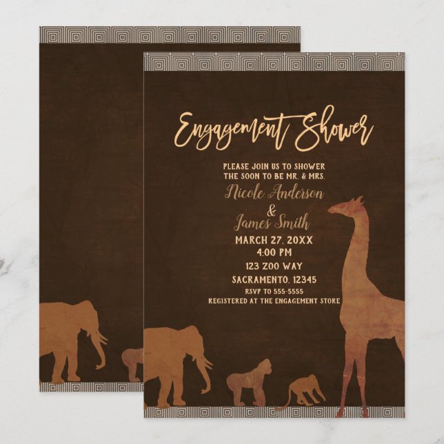 Invitation African Safari Jungle Zoo Fiançailles Brown douche (Devant / Derrière)