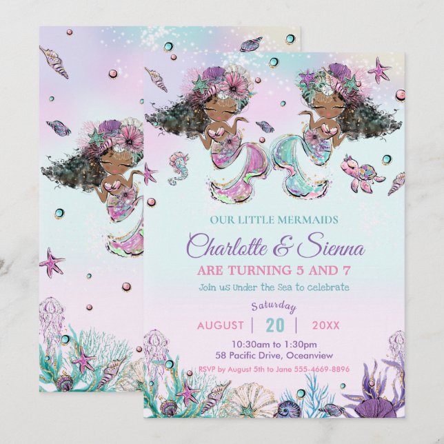 Invitation Afrique Brown Mermaids Twins Sisters Anniversaire (Devant / Derrière)