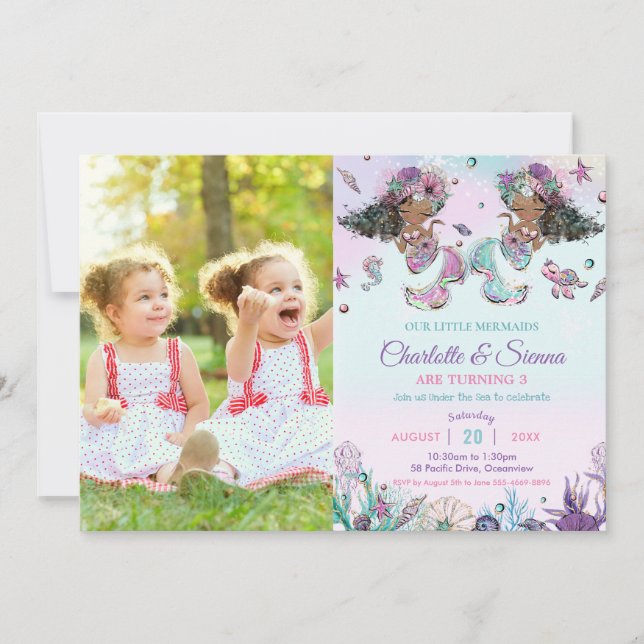 Invitation Afrique Brown sirènes jumelles soeurs Anniversaire (Devant)