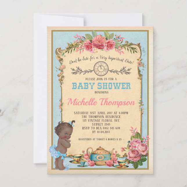 Invitation Afro-américain Alice dans le thé de bébé du pays (Devant)