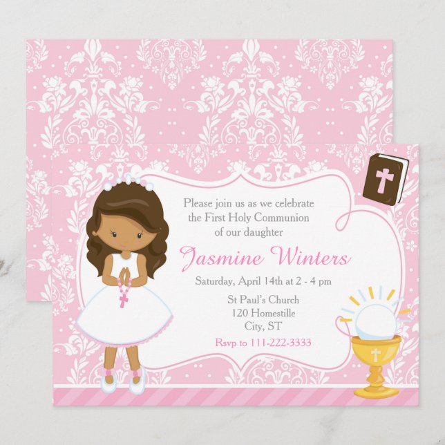 Invitation Afro-Américaine Première Communion Damask (Devant / Derrière)