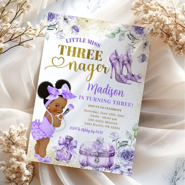 Invitation Afro Girl Purple Gold Little Miss Threenager Party (Créateur téléchargé)
