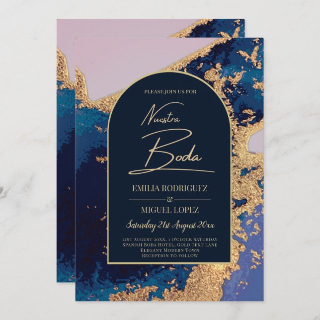 Invitation Agate Blue Gold Nuestra Boda Mariage espagnol Leah (Devant / Derrière)