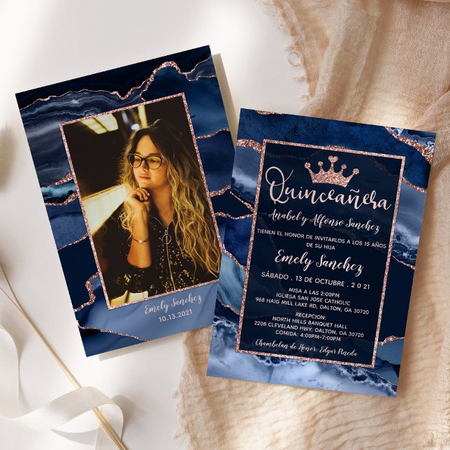 Invitation Agate Blue Rose Gold Quinceañera Photo Espagnol (Créateur téléchargé)