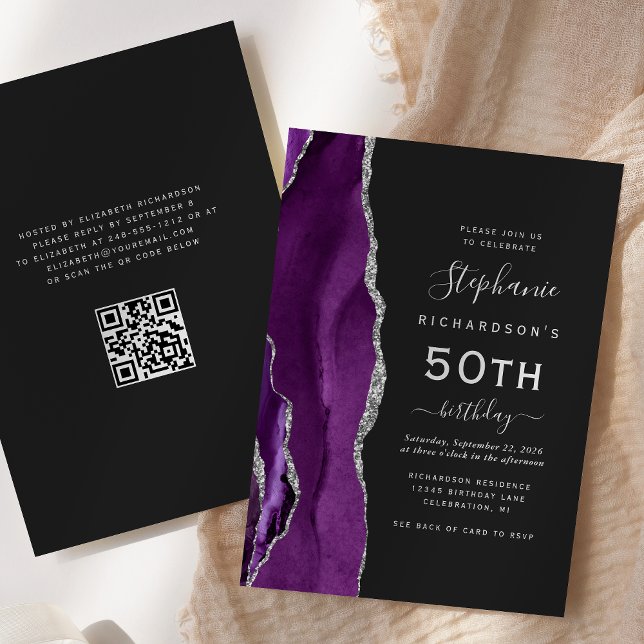 Invitation Agate d'argent mauve QR Code 50e anniversaire (Créateur téléchargé)