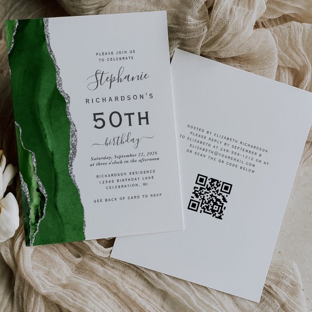 Invitation Agate d'argent vert QR Code 50e anniversaire (Créateur téléchargé)