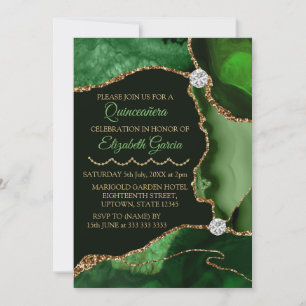 Invitation Agate de Parties scintillant de Faux vert et or Qu