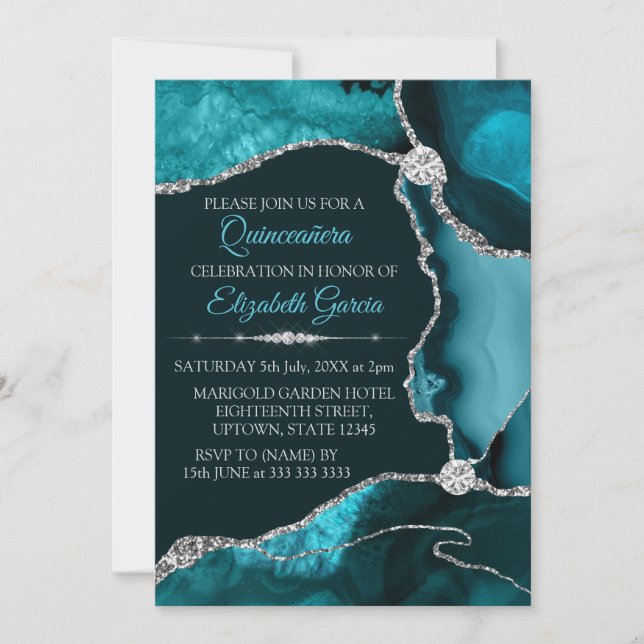 Invitation Agate de Parties scintillant turquoise et argentée (Devant)
