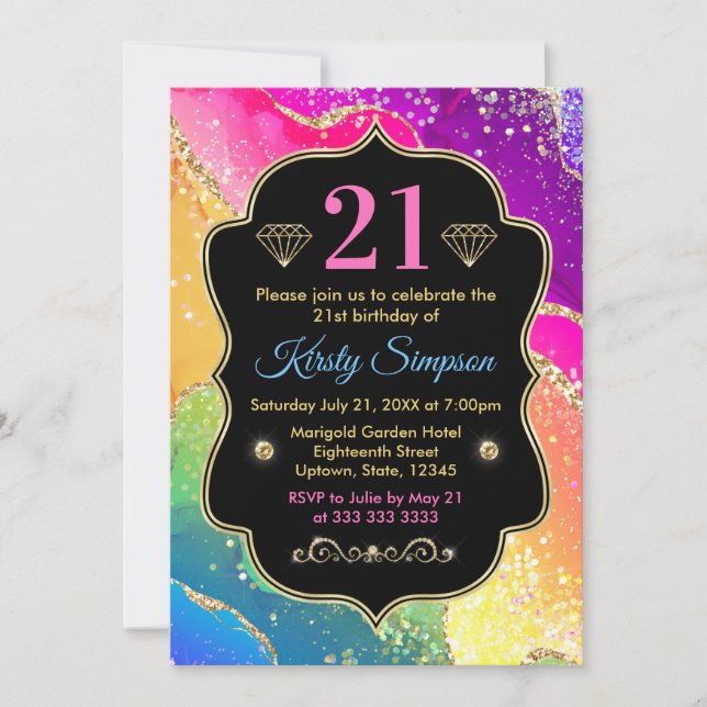 Invitation Agate d'encre d'alcool glamour arc-en-ciel Anniver (Devant)