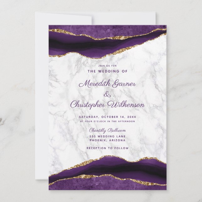Invitation Agate d'or violet et Mariage de marbre (Devant)