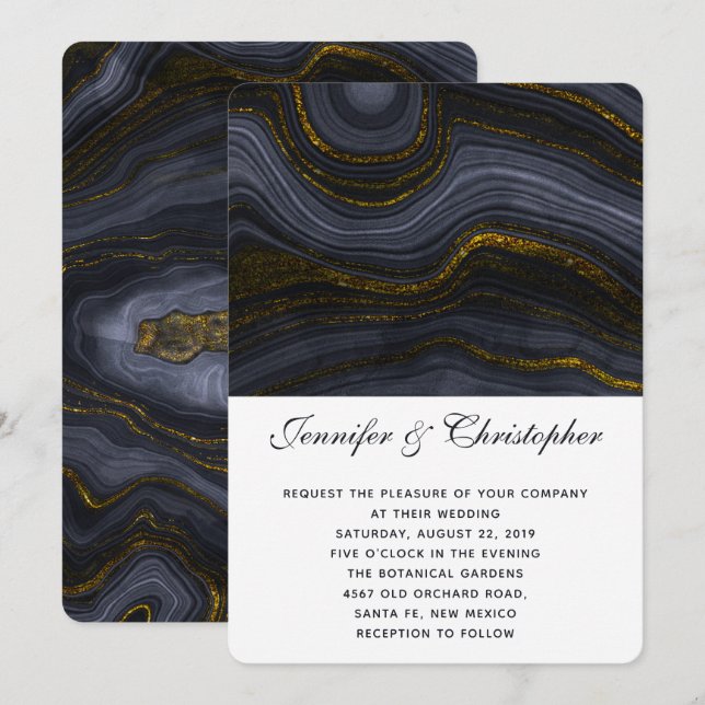 Invitation Agate doré noir gris-bleu moderne Mariage Abstrait (Devant / Derrière)