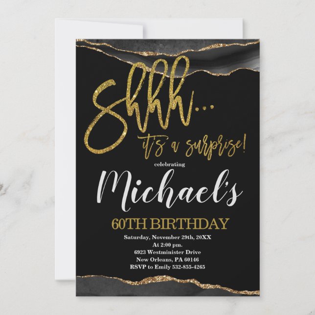 Invitation Agate Gold & Black Surprise fête d'anniversaire (Devant)