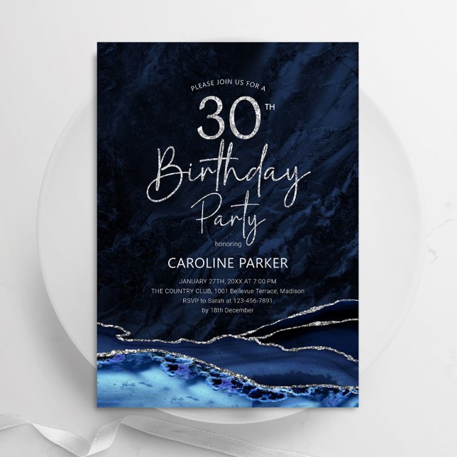 Invitation Agate Marine Bleu Argent 30e anniversaire (Créateur téléchargé)