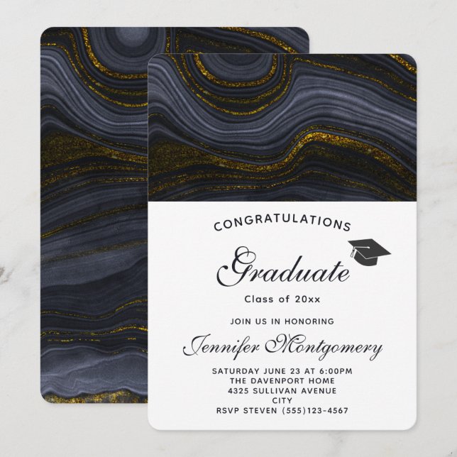 Invitation Agate moderne Noir et Or & Graduation Cap (Devant / Derrière)