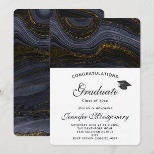 Invitation Agate moderne Noir et Or & Graduation Cap