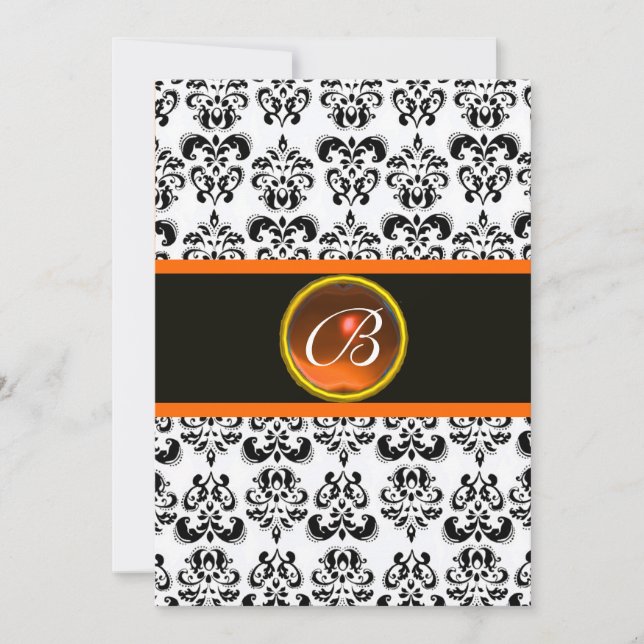 Invitation AGATE MONOGRAMME ORANGE DE DAMAS, noir et blanc (Devant)
