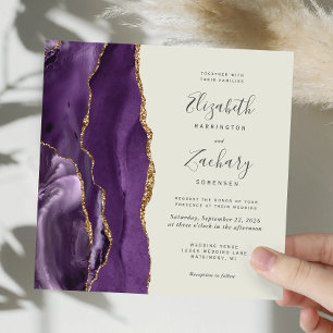 Invitation Agate Or Moderne Carré Mariage Ivoire Doré Violet