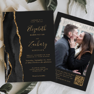 Invitation Agate Or Noir Code QR Photo Sombre Mariage