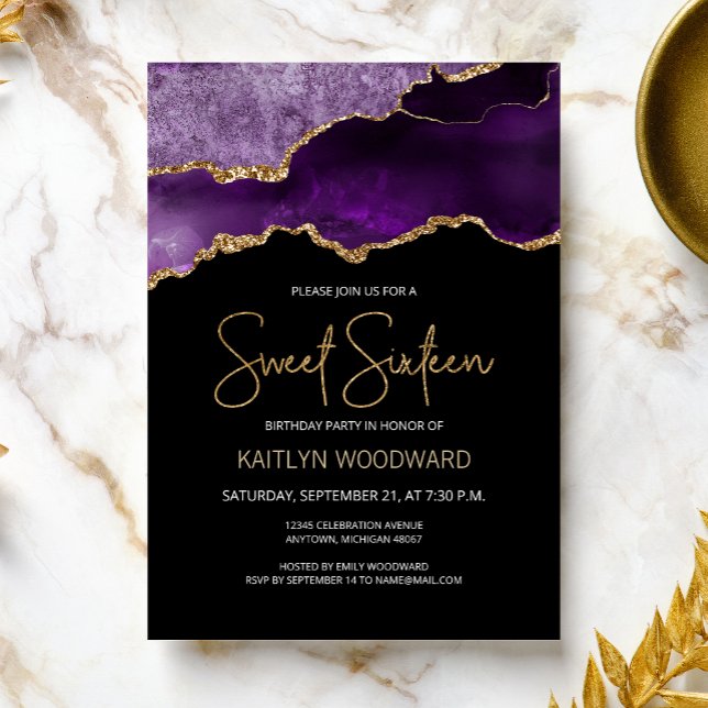 Invitation Agate Purple Gold Dark Sweet 16 Anniversaire (Créateur téléchargé)