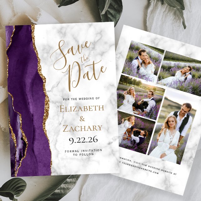 Invitation Agate Purple Gold Marble 5-Photo Save the Date (Créateur téléchargé)
