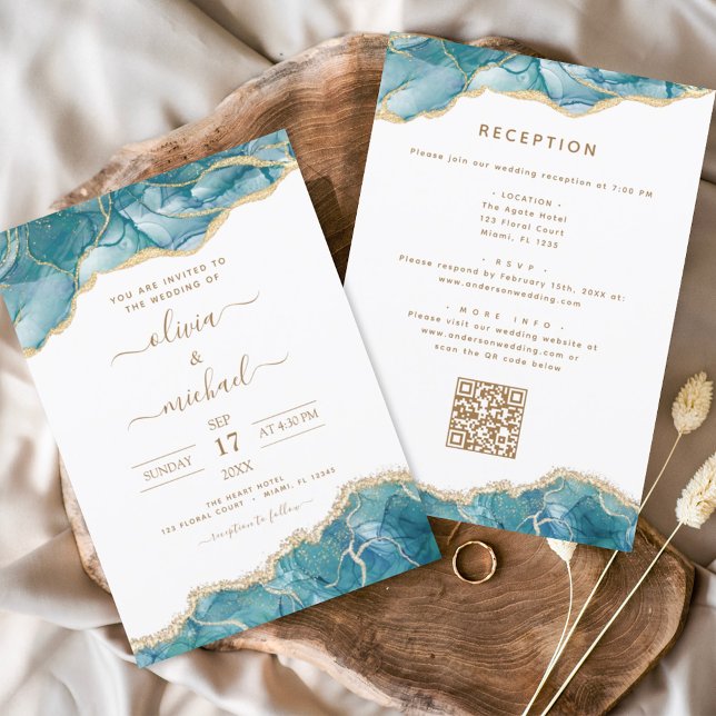 Invitation Agate QR Code Turquoise Turquoise Gold Mariage (Créateur téléchargé)