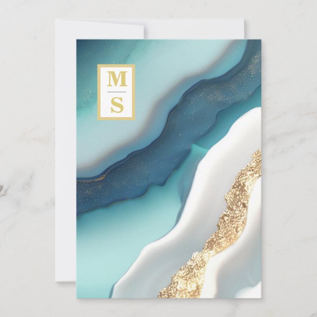 Invitation *~ Agate QR TURQUOISE Monogramme AR66 Mariage RSVP (Devant)