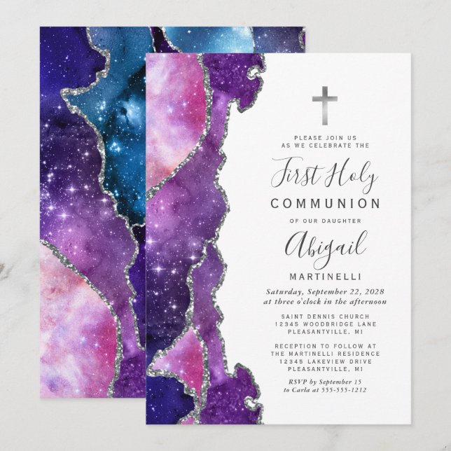 Invitation Agate rose bleu étoilé Argent Première Communion s (Devant / Derrière)