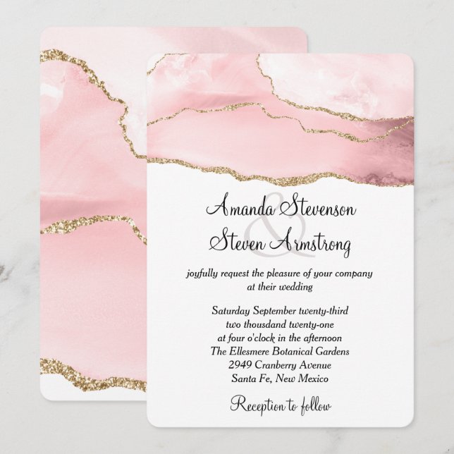 Invitation Agate rose vierge avec ruban doré mariage élégant (Devant / Derrière)