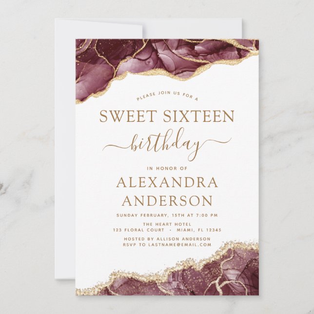 Invitation Agate Sweet 16 Anniversaire Bourgogne Or (Devant)