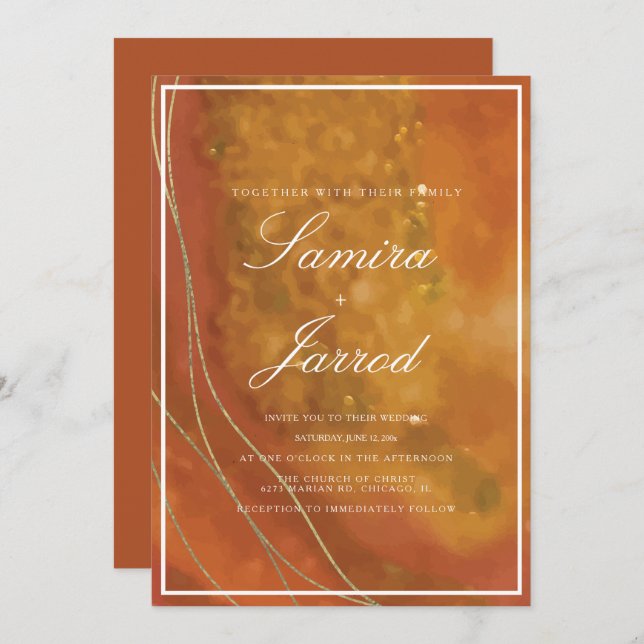 Invitation Agate Terracotta main Aquarelle Faux Mariage or (Devant / Derrière)