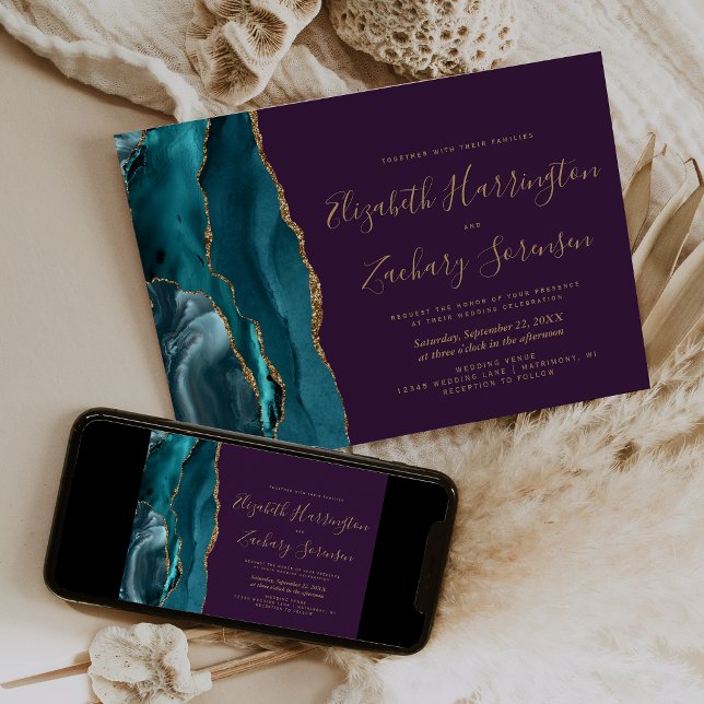 Invitation Agate Turquoise or moderne Mariage violet (Créateur téléchargé)