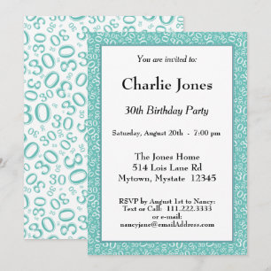 Invitation Âge 30 Motif de nombre aléatoire Bleu sarcelle/Bla