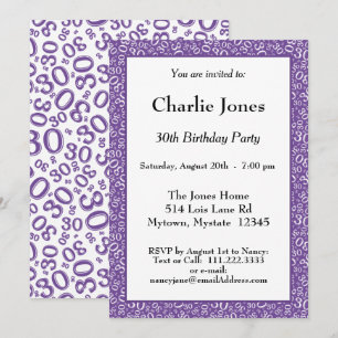 Invitation Âge 30 motif numérique aléatoire violet/blanc 30èm