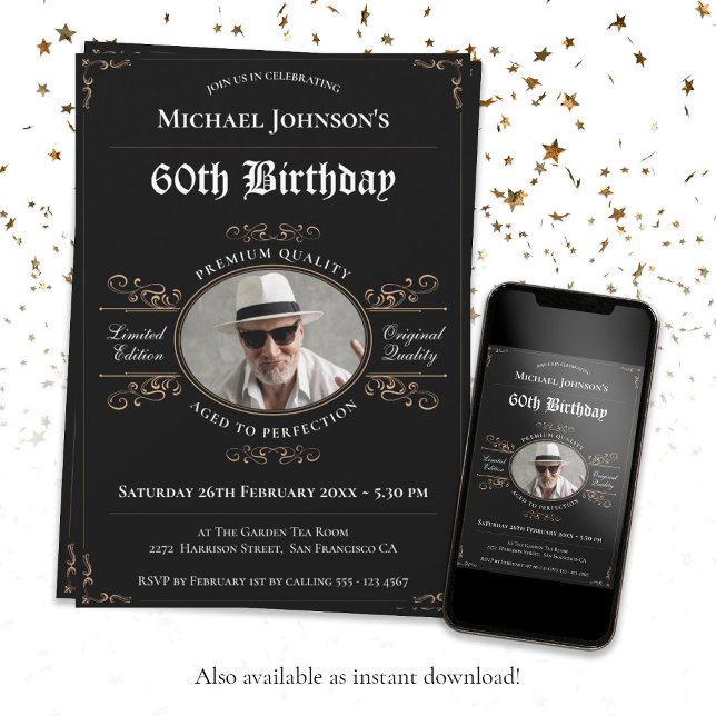 Invitation Âgé à la perfection Black Gold Classy 60e annivers (60th Birthday Aged to Perfection Black Gold Classy Invitation)