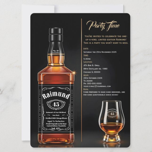 Invitation Aged to Perfection Whiskey Bottle Custom Birthday (Devant)