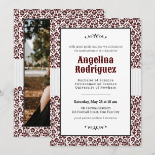 Invitation Aggie Maroon Floral Damask Photo Graduation