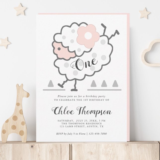 Invitation Agneau à saut simple rose et blanc 1er anniversair (Créateur téléchargé)