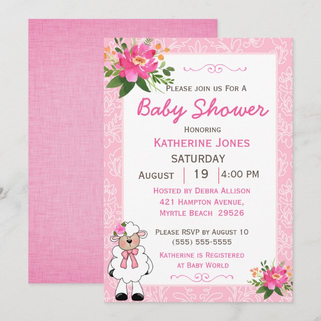 Invitation Agneau bébé fille mignonne (Devant / Derrière)