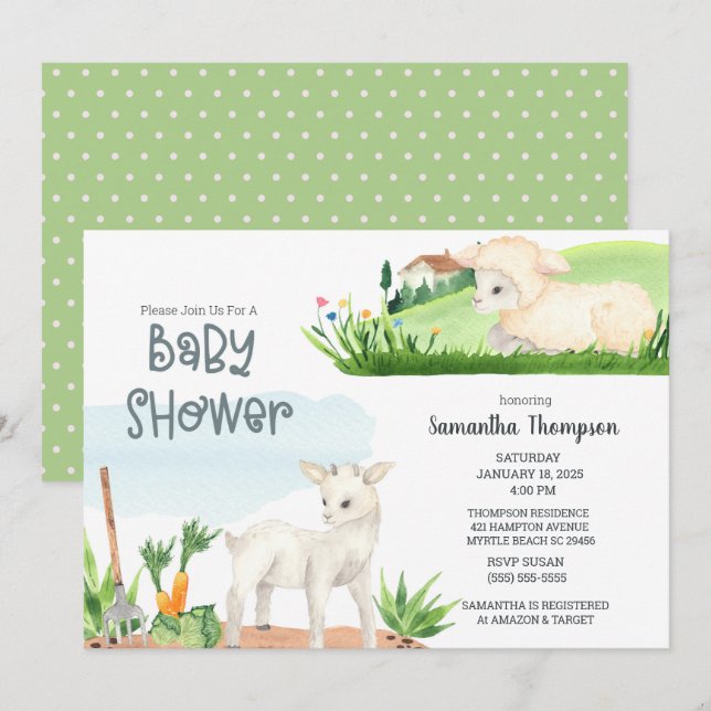 Invitation Agneau de ferme mignonne Garçons verts Baby shower (Devant / Derrière)