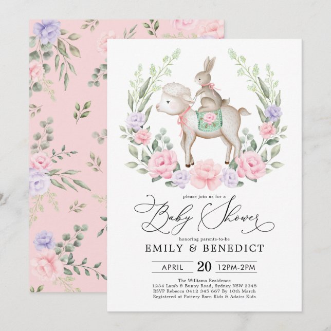 Invitation Agneau doux et lapin Lapin Baby shower floral doux (Devant / Derrière)