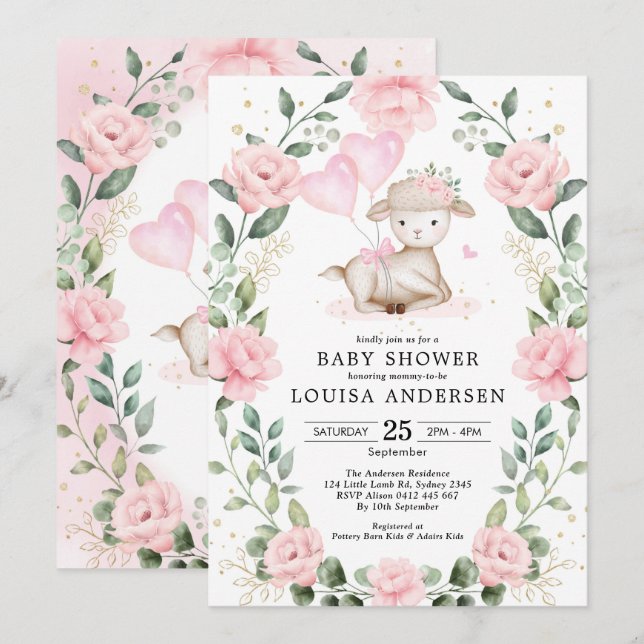 Invitation Agneau Floral Rose mignon Ballons Baby shower fill (Devant / Derrière)