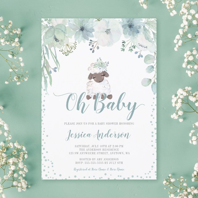 Invitation Agneau floral vert Baby shower neutre genre (Créateur téléchargé)