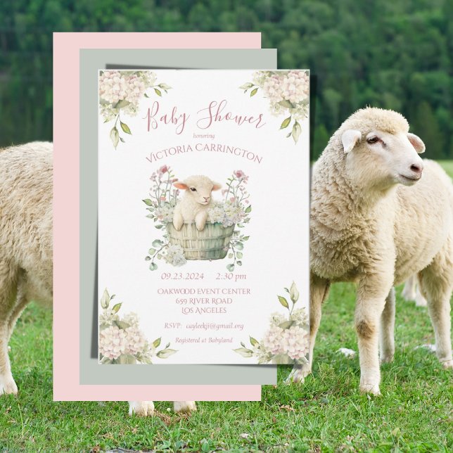 Invitation Agneau mignon dans un panier Baby shower rose flor (Créateur téléchargé)