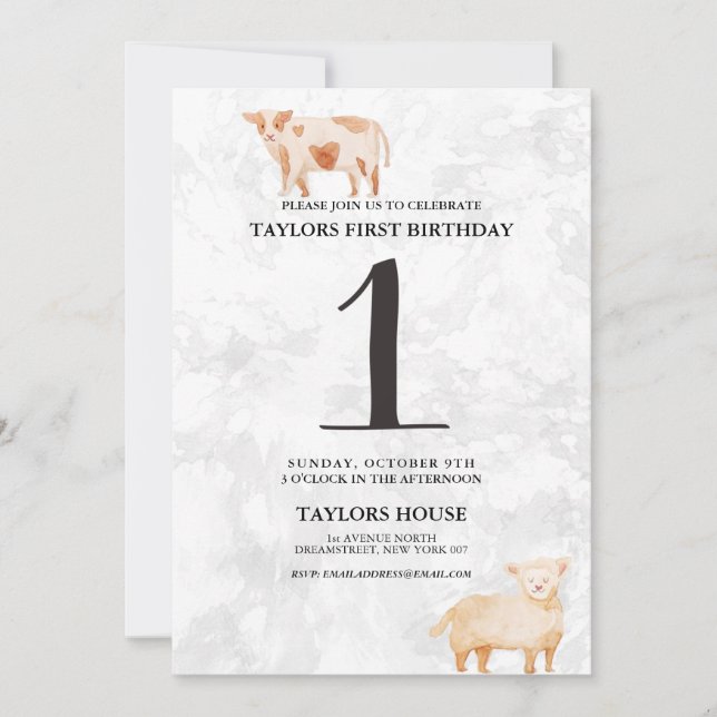 Invitation Agneau mignon et vache Grange animaux 1ère fête d' (Devant)