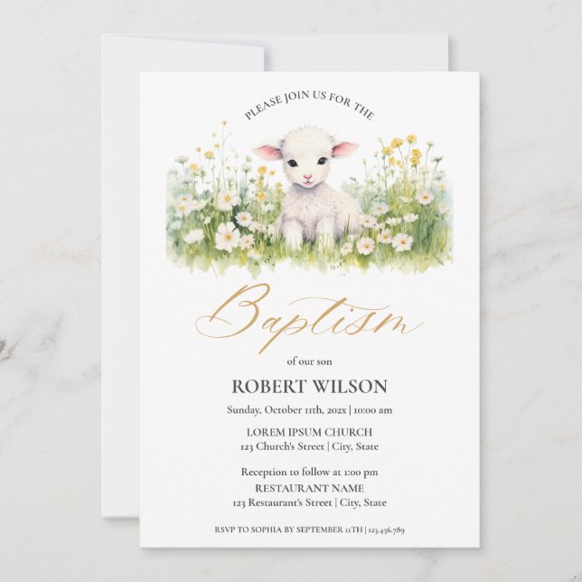 Invitation Agneau mignon Sexe Flore Neutre Christening Baptêm (Devant)