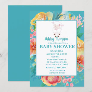 Invitation Agneau mou Turquoise bleu Floral Baby shower Invit