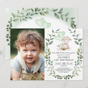 Invitation Agneau vert moderne Bébé mouton fête d'anniversair