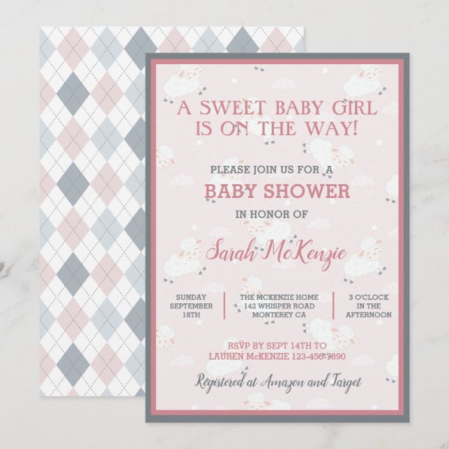 Invitation Agneaux Bébés rose Gris Blanc Leaping Baby shower (Devant / Derrière)
