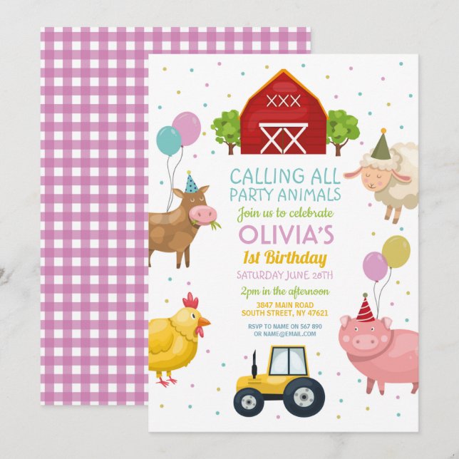 Invitation Agritourisme Animaux 1er Anniversaire de enfant Fi (Devant / Derrière)