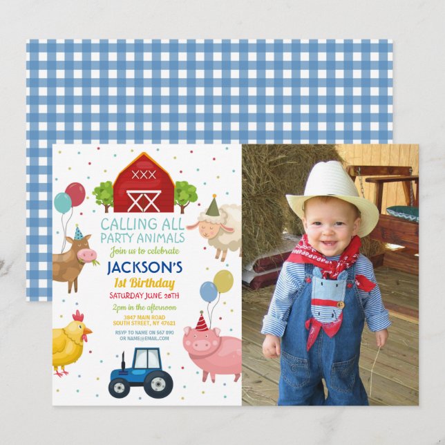Invitation Agritourisme Animaux 1er Anniversaire de enfant Tr (Devant / Derrière)